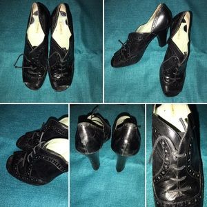 Genuine leather vintage look peep-toe Oxford heels